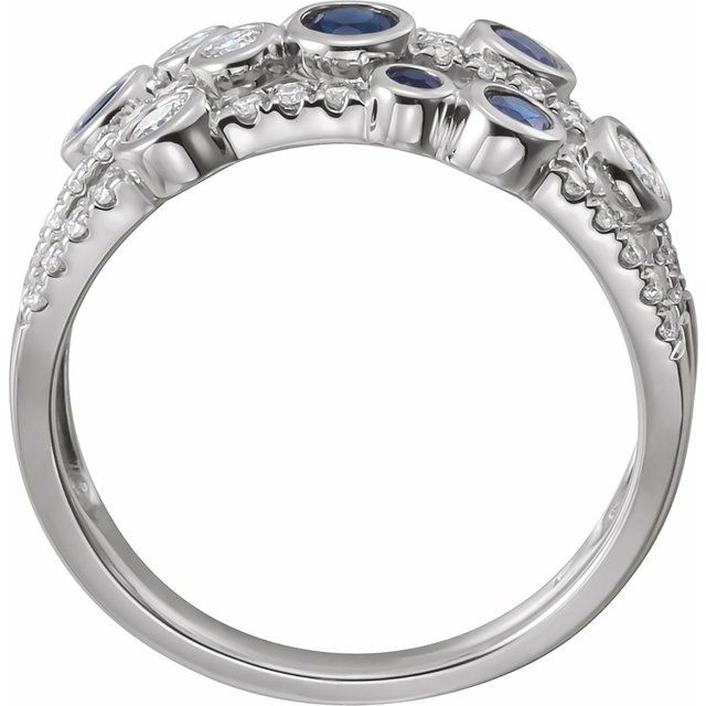 14K White Gold Round Polished Natural Blue Sapphire And 3/8 Ctw Natural Diamond Negative Space Ring, Size 7