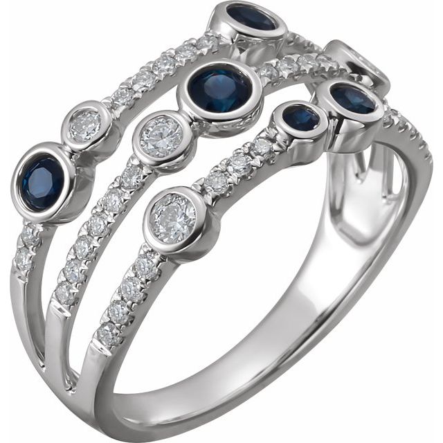 14K White Gold Round Polished Natural Blue Sapphire And 3/8 Ctw Natural Diamond Negative Space Ring, Size 7