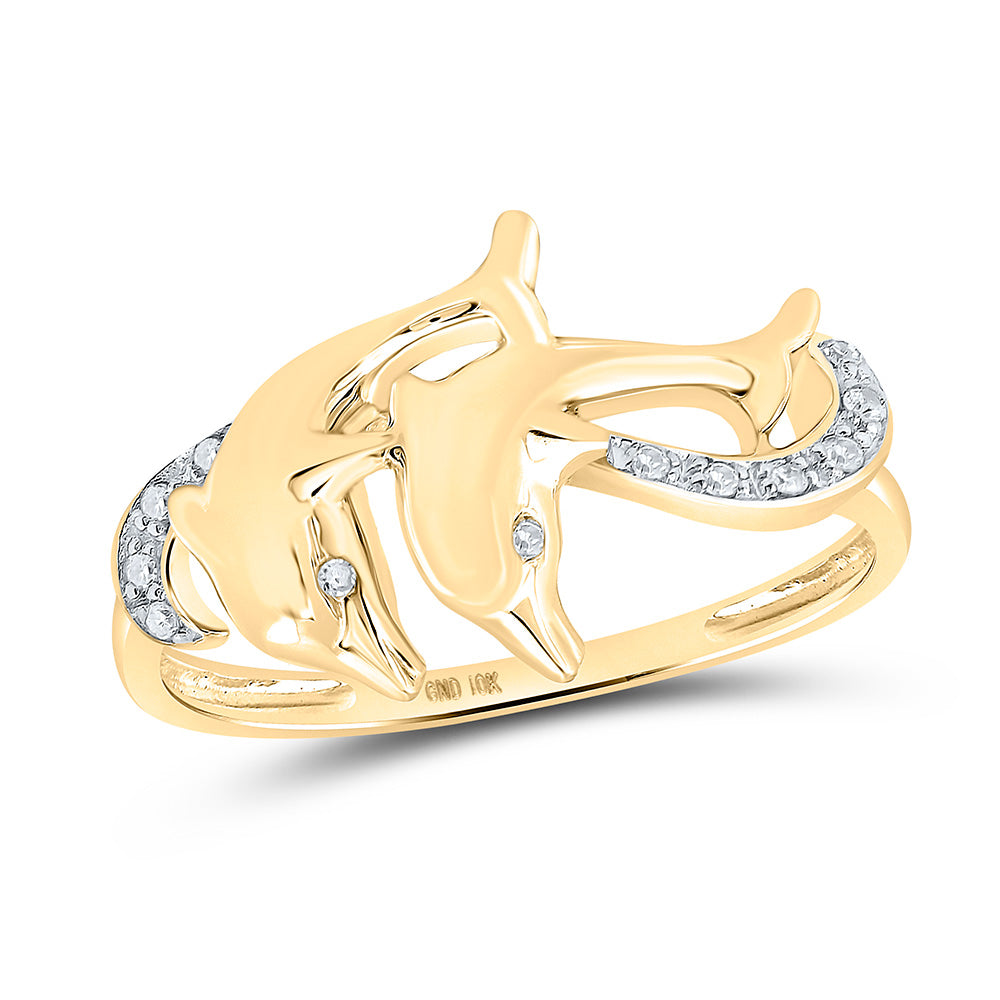 10K Yellow Gold Womens Round Diamond Double Dolphin Accent Ring 1/20 Cttw, Womens Size: 5-10