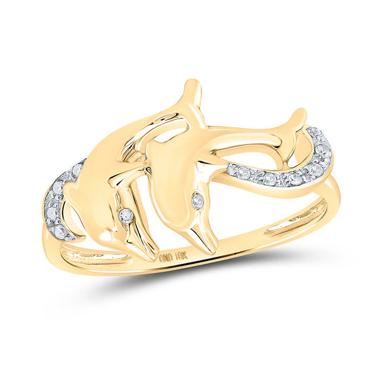 10K Yellow Gold Womens Round Diamond Double Dolphin Accent Ring 1/20 Cttw, Womens Size: 5-10