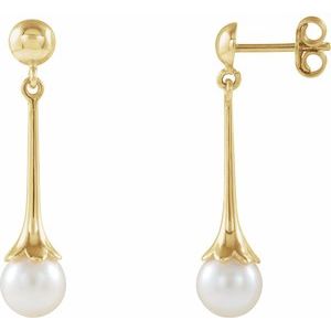 14K Yellow Gold Pearl 6.5 Mm Cultured White Freshwater Pearl Dangle Earrings