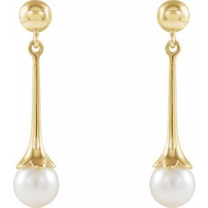 14K Yellow Gold Pearl 6.5 Mm Cultured White Freshwater Pearl Dangle Earrings
