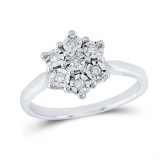 Sterling Silver Womens Round Diamond Illusion-set Flower Cluster Ring 1/10 Cttw, Womens Size: 5-10