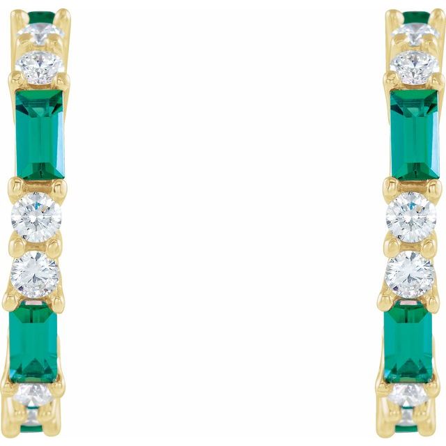 14K Yellow Gold Straight Baguette 4 X 2 Mm Friction Back Polished Lab-Grown Emerald And 1/2 Ctw Natural Diamond Earrings