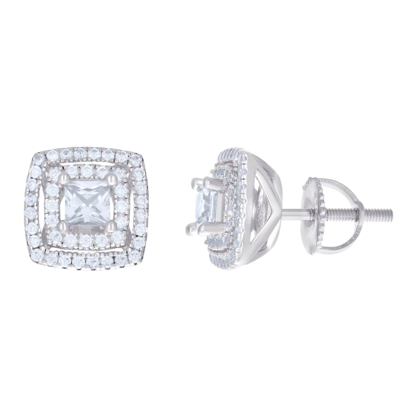 Sterling Silver Womens Cubic Zirconia Halo Square Stud Earrings