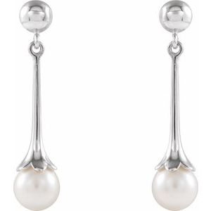 Sterling Silver Pearl 6.5 Mm Cultured White Freshwater Pearl Dangle Earrings
