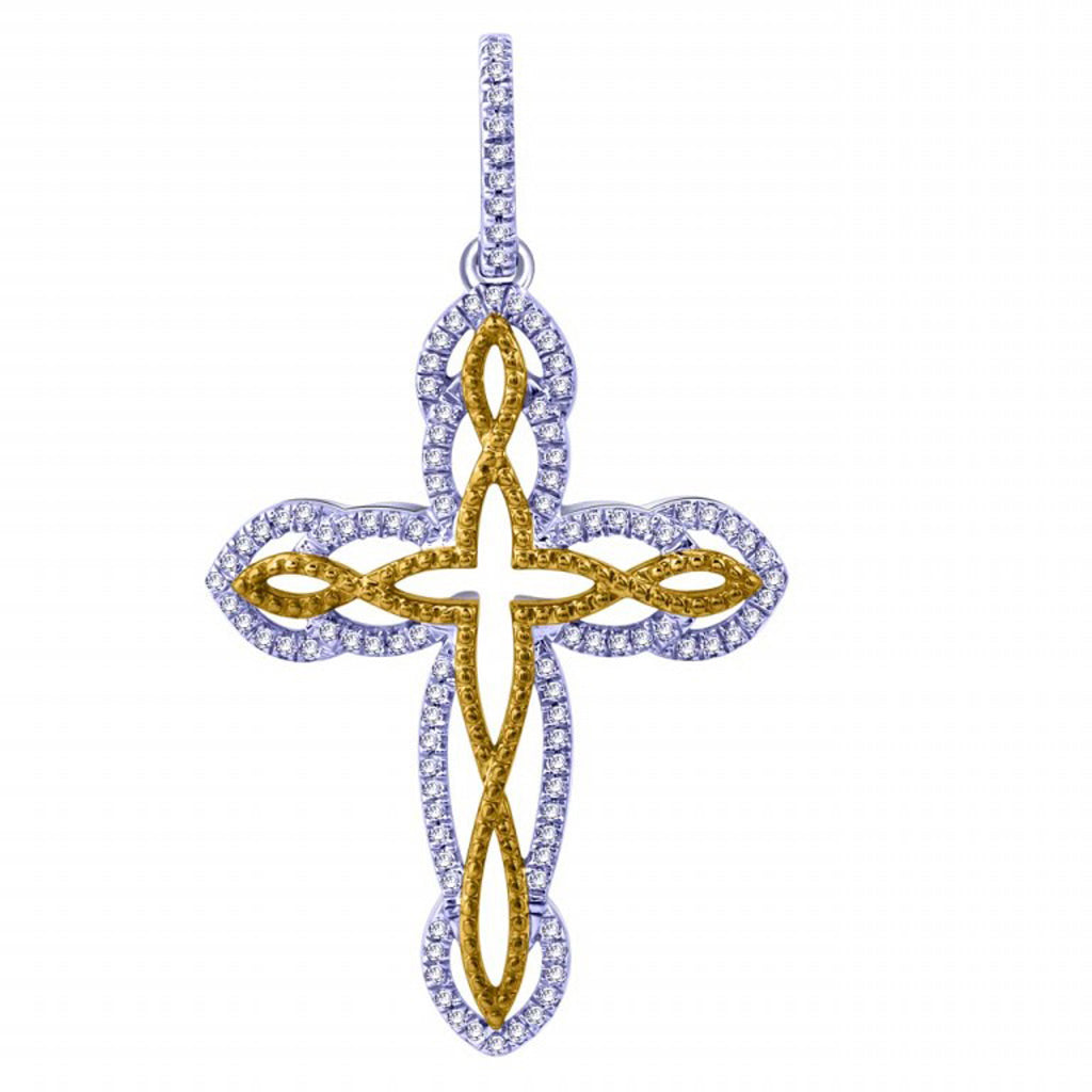 10K Two Tone Gold 0.15 Cttw Diamond Cross Charm