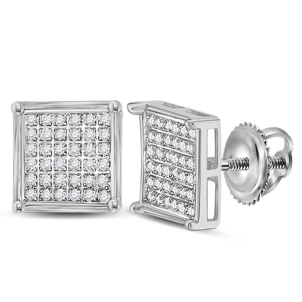 Sterling Silver Womens Round Diamond Square Cluster Earrings 1/4 Cttw, Length: 0.35 In, Width: 0.35 In
