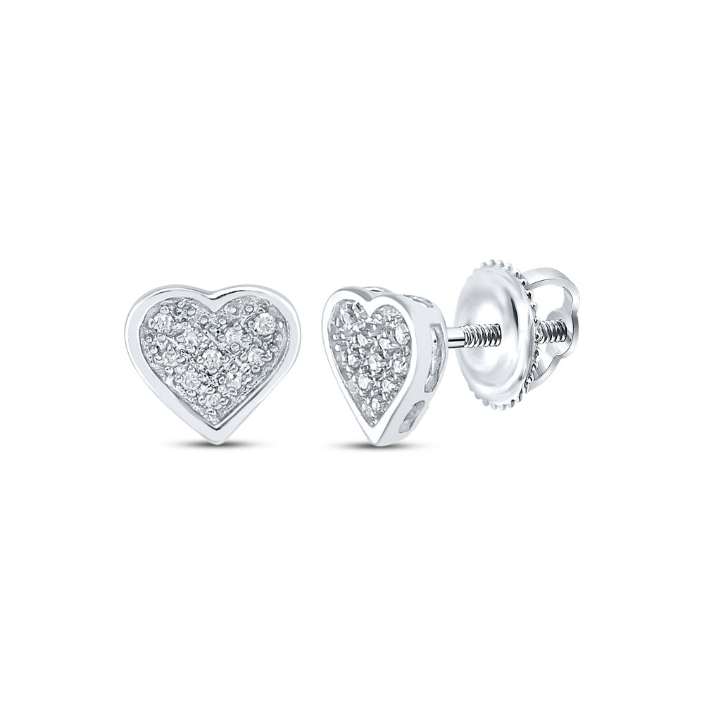 Sterling Silver Womens Round Diamond Heart Earrings 1/20 Cttw, Length: 0.22 In, Width: 0.26 In