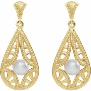 14K Yellow Gold Pearl 4.0-4.5 Mm Cultured White Freshwater Pearl Dangle Earrings