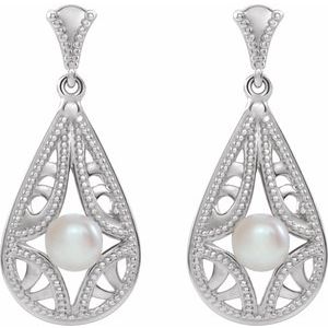 Sterling Silver Pearl 4.0-4.5 Mm Cultured White Freshwater Pearl Dangle Earrings