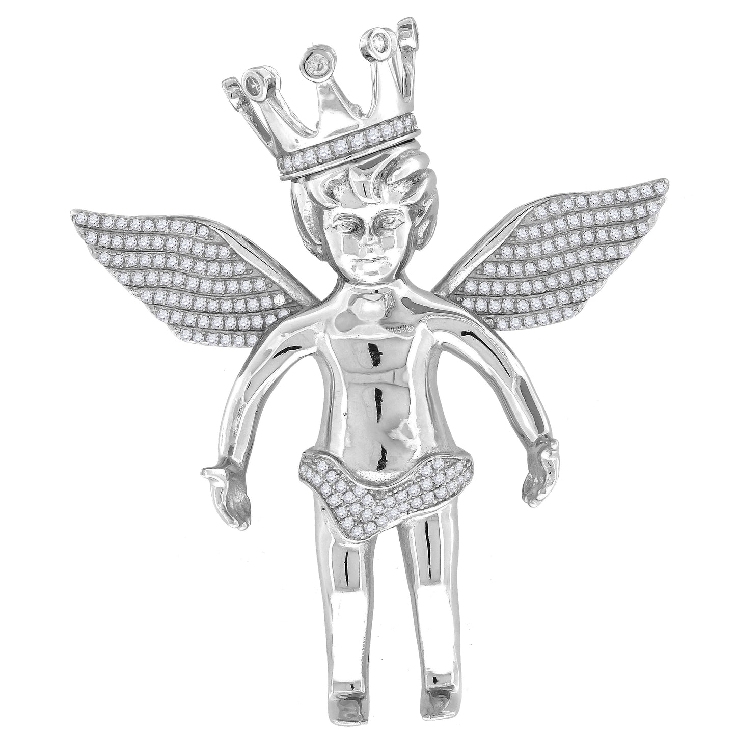 Sterling Silver Mens Cubic Zirconia Religious Angel Crown Charm Pendant