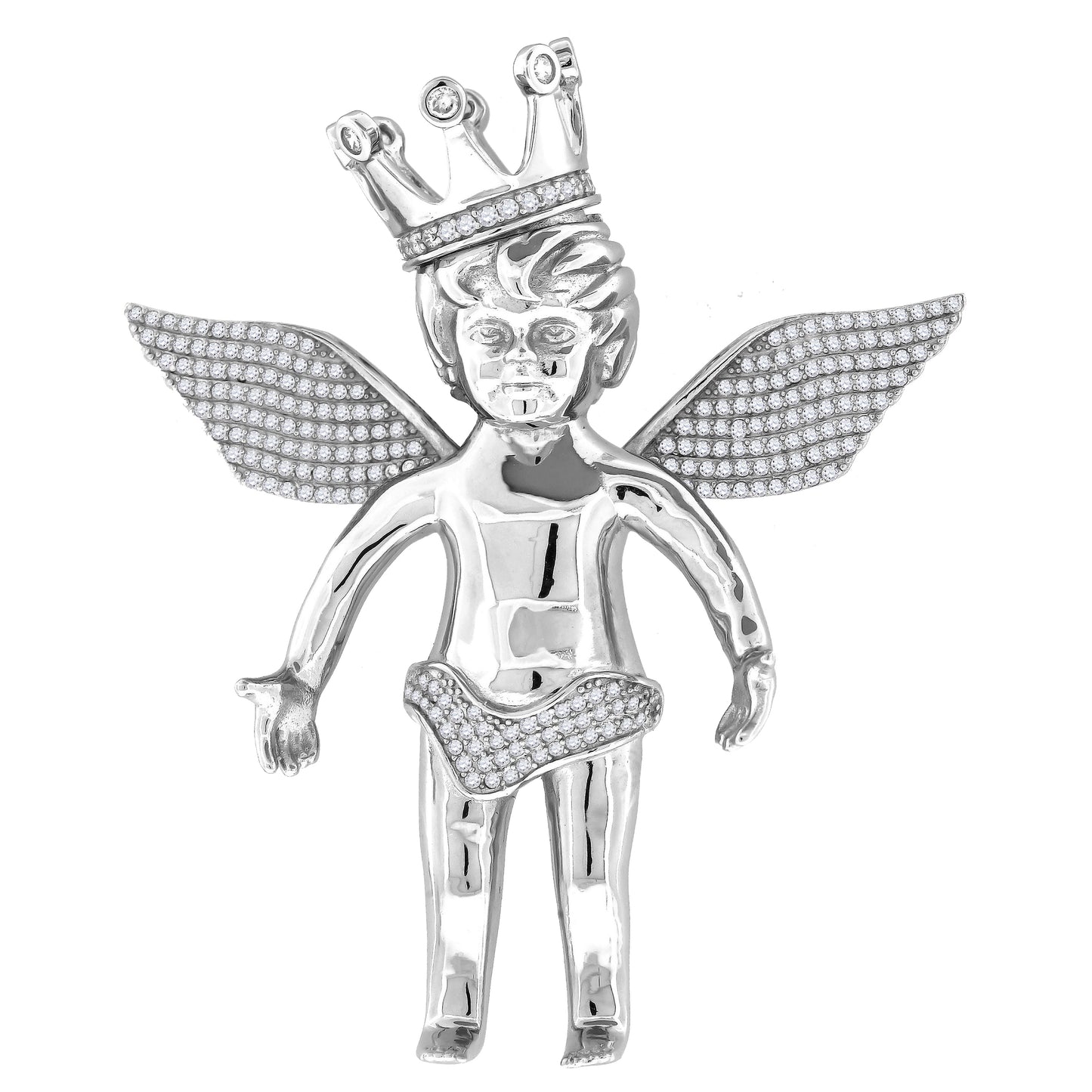 Sterling Silver Mens Cubic Zirconia Religious Angel Crown Charm Pendant
