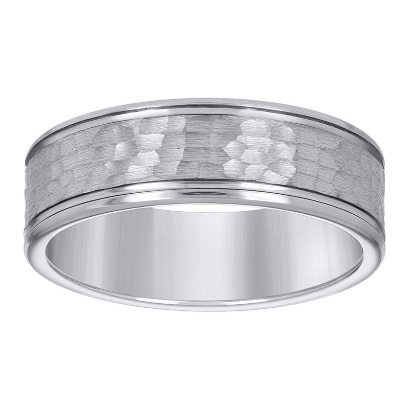 Tungsten Hammered Finish Center Dual Offset Grooves Mens Comfort-fit 8mm Sizes 7 - 14 Wedding Band