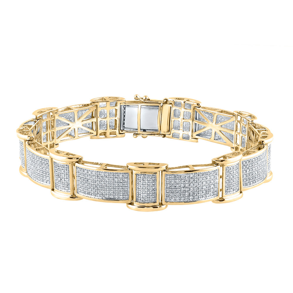 10K Yellow Gold Mens Round Diamond Rectangle Link Bracelet 2-5/8 Cttw
