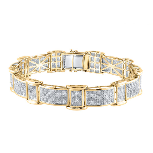 10K Yellow Gold Mens Round Diamond Rectangle Link Bracelet 2-5/8 Cttw