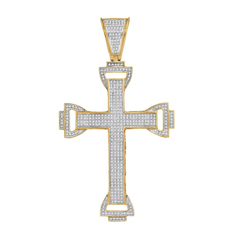 10K Yellow Gold Mens Round Diamond Cross Charm Pendant 1 Cttw, Length: 3.09 In, Width: 1.75 In