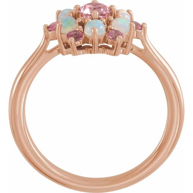14K Rose Gold Round 4 Mm Polished Natural Pink Tourmaline And Natural Ethiopian Opal Floral Ring, Size 7