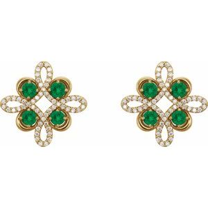 14K Yellow Gold Round 2.5 Mm Natural Emerald And 1/4 Ctw Natural Diamond Earrings
