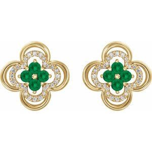 14K Yellow Gold Round 2.5 Mm Natural Emerald And 1/5 Ctw Natural Diamond Earrings
