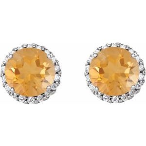 14K White Gold Round 3 Mm Natural Citrine And 1/10 Ctw Natural Diamond Earrings