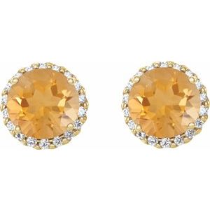 14K Yellow Gold Round 5.5 Mm Natural Citrine And 1/8 Ctw Natural Diamond Earrings