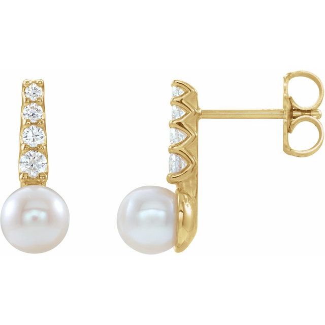 14K White Or Yellow Gold 5.0-5.5 Mm Friction Backs Polished Cultured White Freshwater Pearl And 1/6 Ctw Natural Diamond Earrings