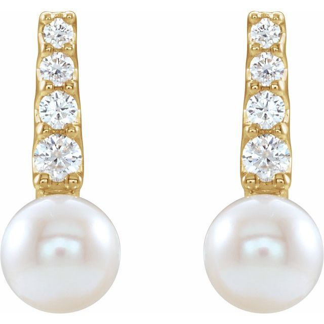14K White Or Yellow Gold 5.0-5.5 Mm Friction Backs Polished Cultured White Freshwater Pearl And 1/6 Ctw Natural Diamond Earrings