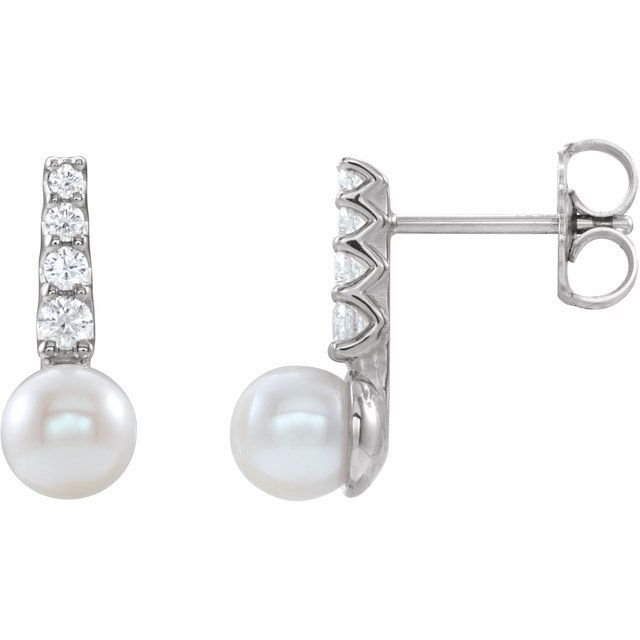 14K White Or Yellow Gold 5.0-5.5 Mm Friction Backs Polished Cultured White Freshwater Pearl And 1/6 Ctw Natural Diamond Earrings