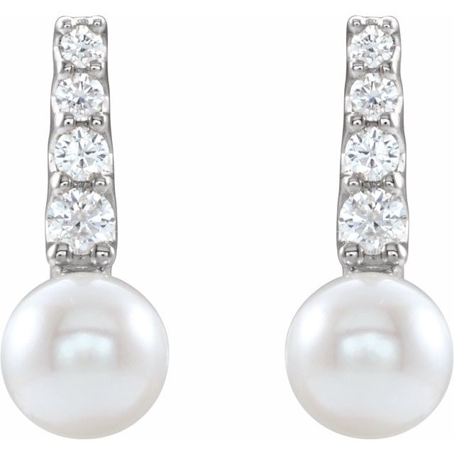 14K White Or Yellow Gold 5.0-5.5 Mm Friction Backs Polished Cultured White Freshwater Pearl And 1/6 Ctw Natural Diamond Earrings
