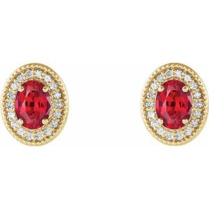 14K Yellow Gold Oval 7 X 5 Mm Natural Ruby And 1/6 Ctw Natural Diamond Earrings With Backs