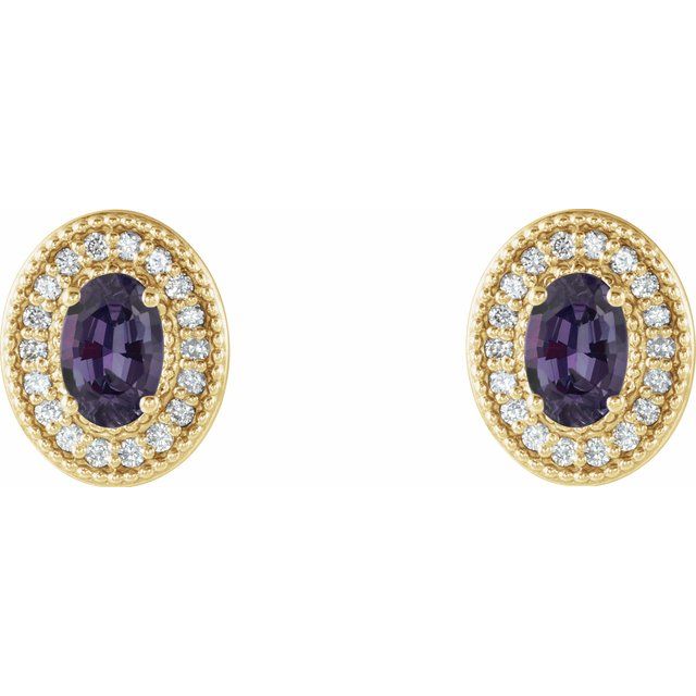 14K Yellow Gold Oval 7 X 5 Mm Friction Backs Polished Lab-Grown Alexandrite And 1/6 Ctw Natural Diamond Earring With Backs