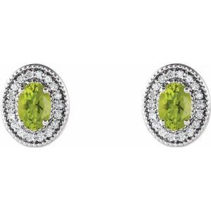 14K White Gold Oval 7 X 5 Mm Natural Peridot And 1/6 Ctw Natural Diamond Earrings With Backs