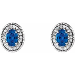 14K White Gold Oval 6 X 4 Mm Natural Blue Sapphire And 1/5 Ctw Natural Diamond Earrings