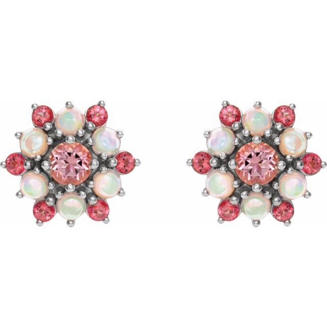 14K White Gold 4 Mm Round Friction Back Polished Natural Pink Tourmaline And Ethiopian Opal Cabochon Earrings