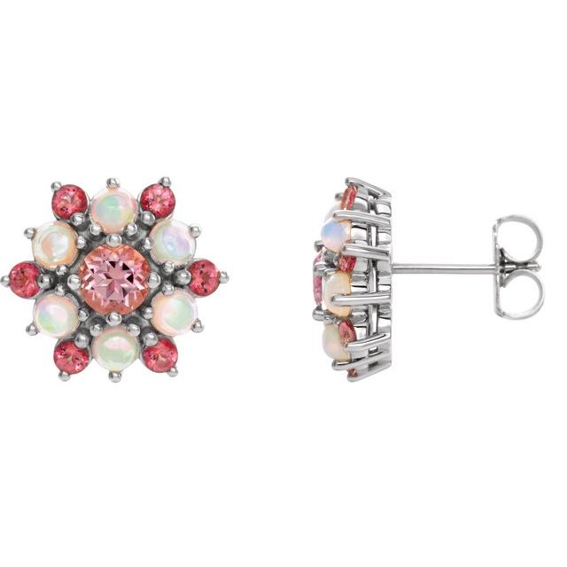 14K White Gold 4 Mm Round Friction Back Polished Natural Pink Tourmaline And Ethiopian Opal Cabochon Earrings