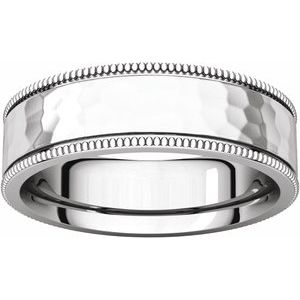 14K White Gold Hammer/Satin 6 Mm Polished Flat Comfort-Fit Milgrain Satin And Hammer Finish Size 8