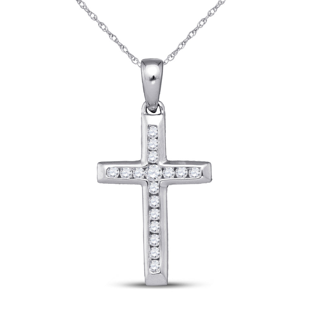 10K White Gold Womens Round Diamond Small Cross Pendant 1/8 Cttw, Length: 0.83 In, Width: 0.43 In