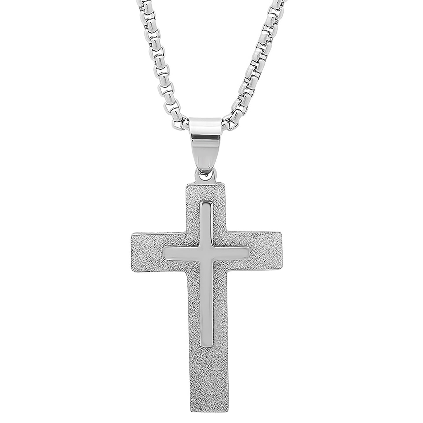 Stainless Steel Mens Cross Religious Charm Pendant With Rolo Chain