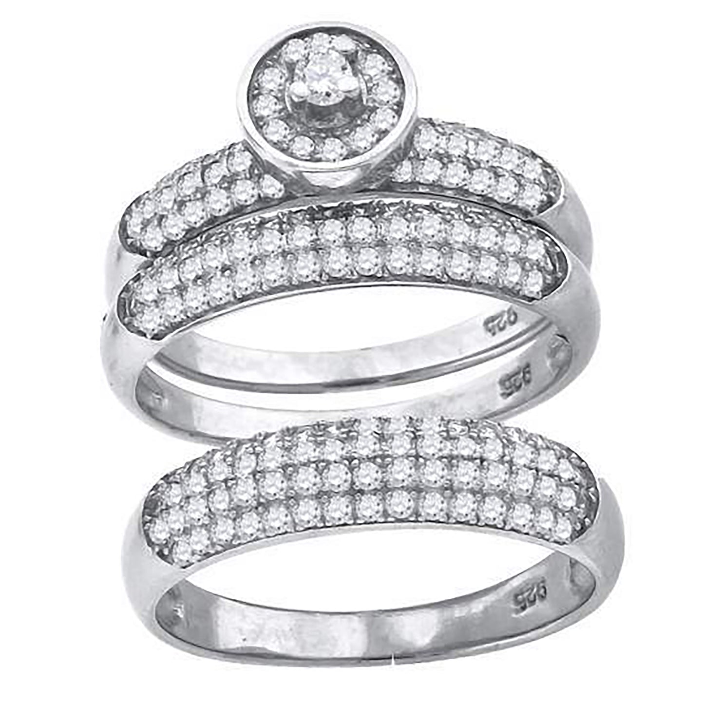 Sterling Silver Cubic-Zirconia Round Head Trio Bridal Anniversary Wedding Engagement Band Ring Set