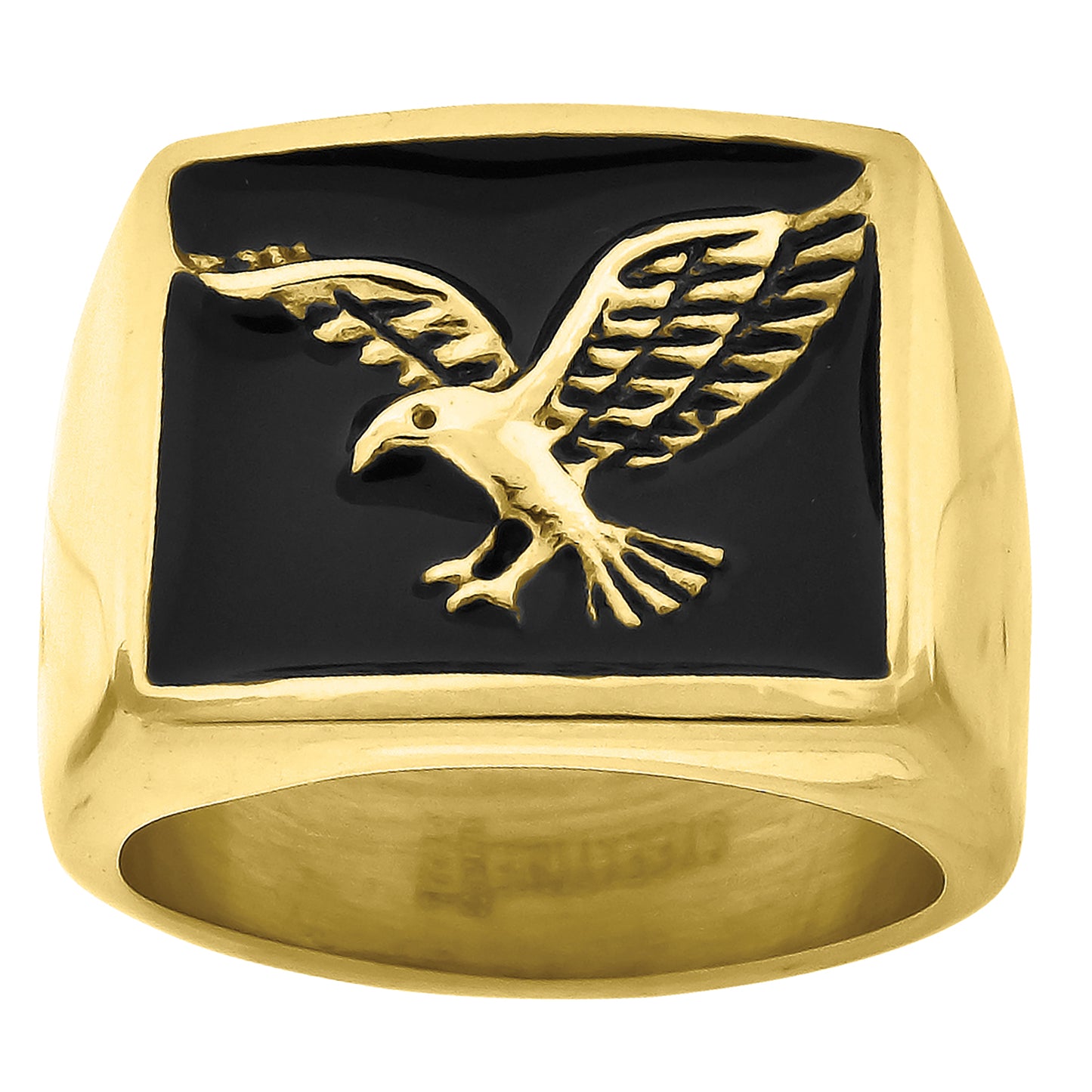 Stainless Steel Yellow-tone Mens Eagle Square Head Black Enamel Fashion Comfort-fit Bridal Anniversary Wedding Engagement Band Ring