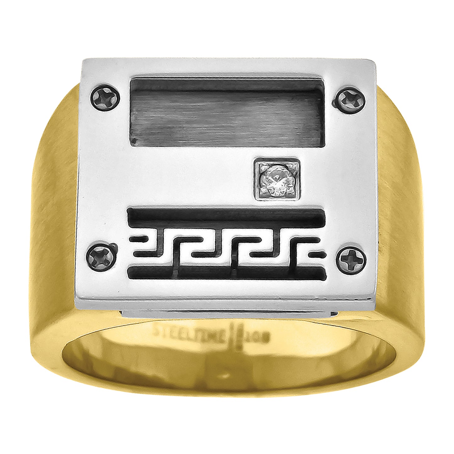 Stainless Steel Yellow-tone Mens Cubic-Zirconia Greek Key Pattern Comfort-fit Fashion Bridal Anniversary Wedding Engagement Band Ring
