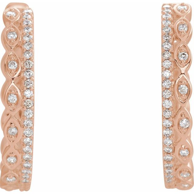 14K Rose Gold Round 19.4 Mm 3.3 Mm I1, H+ Pair Hinged Polished 1/4 Ctw Natural Diamond Geometric Hinged Hoop Earrings