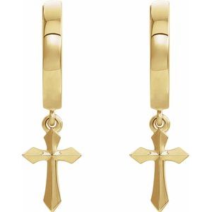 14K Yellow Gold Pair Cross Drop Hinged Hoop Earrings, Length: 20.1 Mm, Thickness: 2.4 Mm