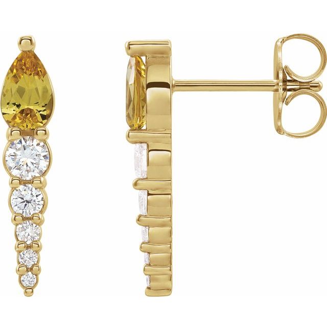 14K Yellow Gold Pear 5 X 3 Mm Friction Backs Polished Natural Citrine And 1/4 Ctw Natural Diamond Earrings