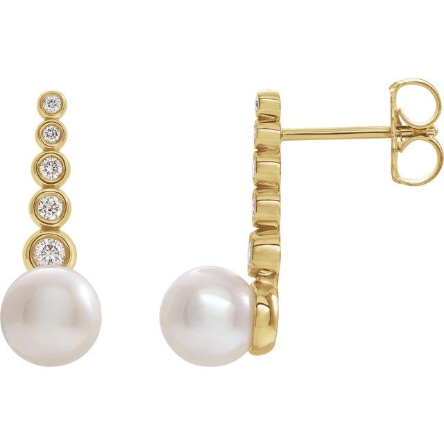 14K Yellow Gold 5.5-6.0 Mm Friction Backs Polished Cultured White Freshwater Pearl And 1/8 Ctw Natural Diamond Earrings