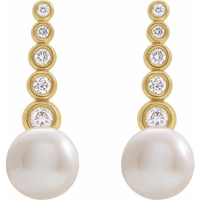 14K Yellow Gold 5.5-6.0 Mm Friction Backs Polished Cultured White Freshwater Pearl And 1/8 Ctw Natural Diamond Earrings