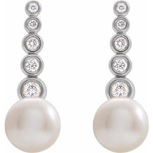 Platinum Pearl 5.5-6.0 Mm Cultured White Freshwater Pearl And 1/8 Ctw Natural Diamond Earrings