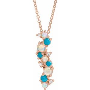 14K Rose Gold 21.5 X 6.7 Mm 16-18 In Polished Natural Ethiopian Opal Turquoise And .03 Ctw Natural Diamond Scattered Necklace