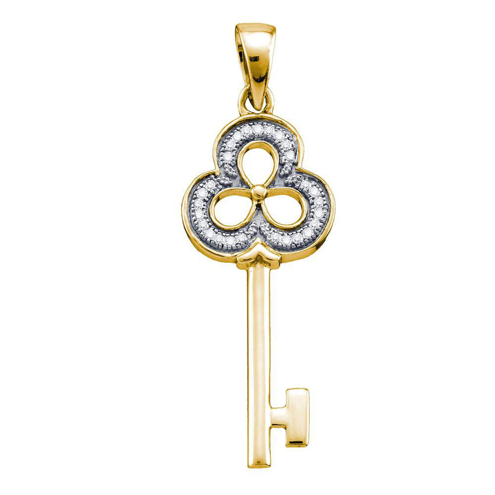 Yellow-tone Sterling Silver Womens Round Diamond Trefoil Key Pendant 1/12 Cttw, Length: 1.42 In, Width: 0.53 In